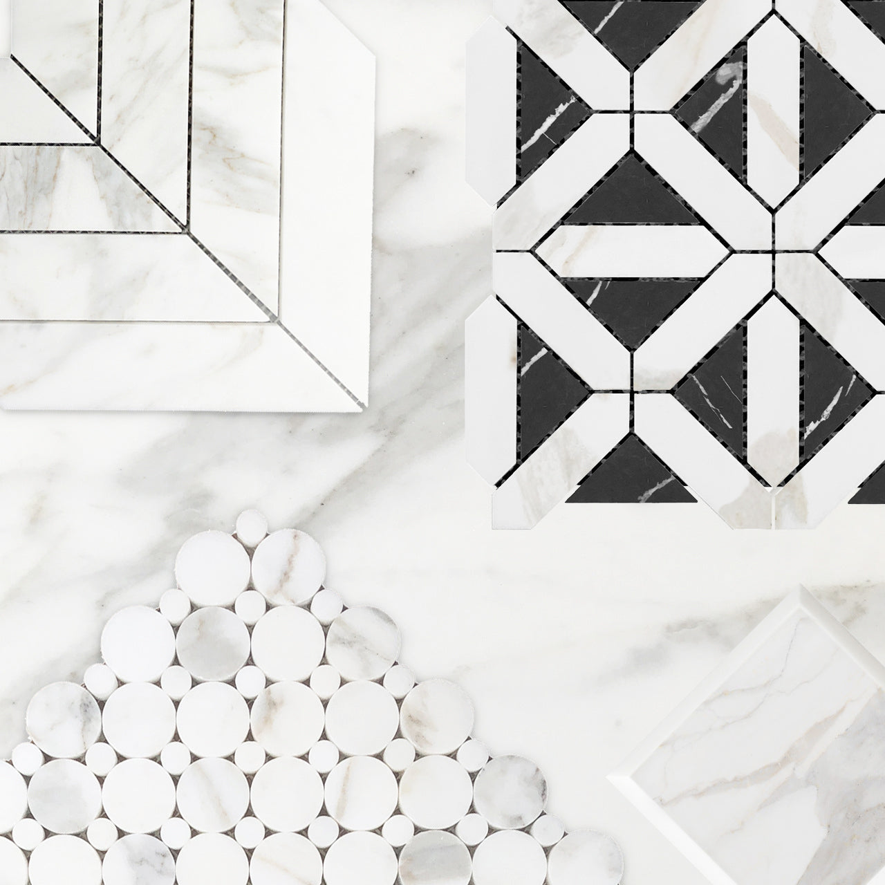 Calacatta Gold Italian Marble with Nero Marquina Black Triangles Geometrica Mosaic Tile Polished