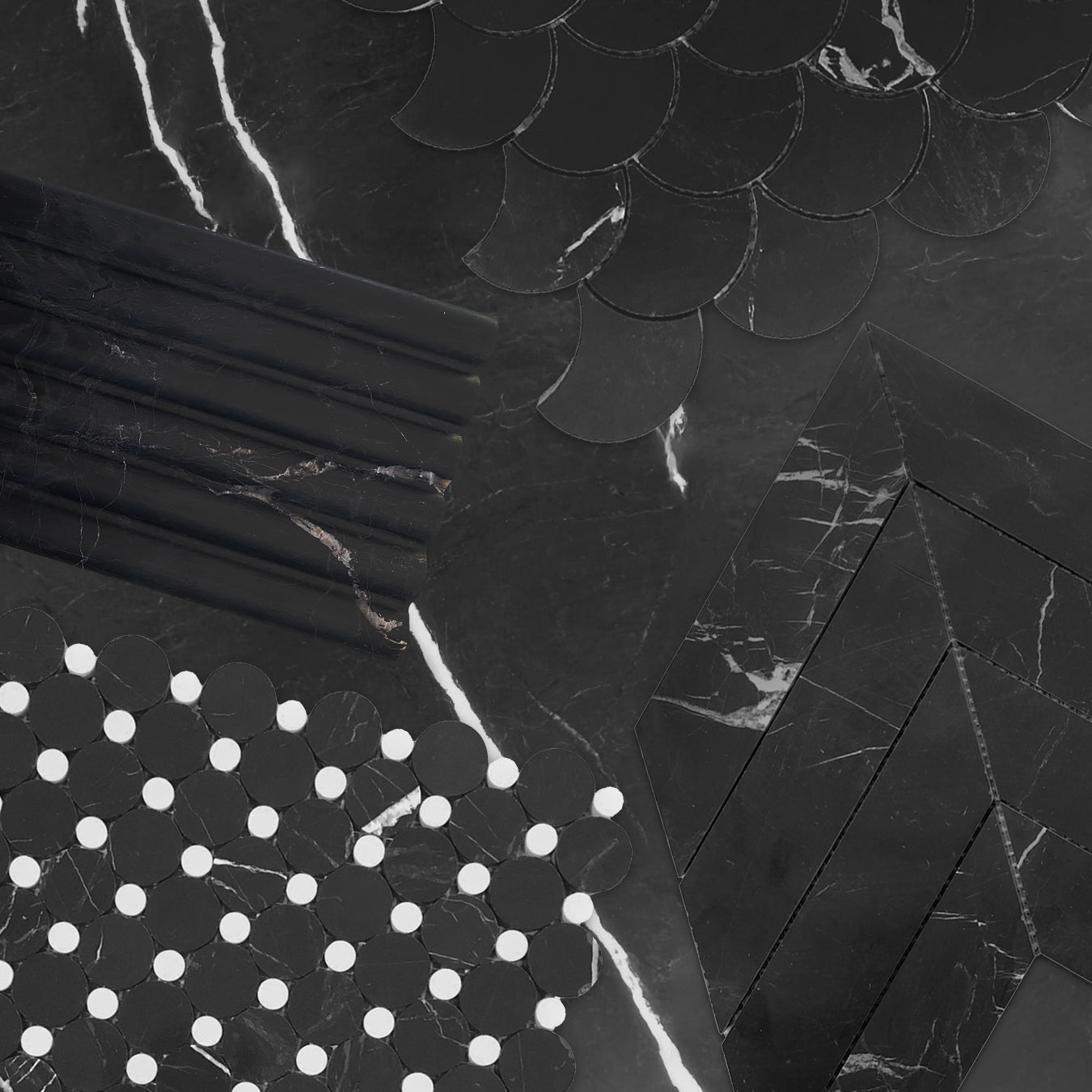 Nero Marquina Black Marble 6x24 Flute 3D Dimensional Tile Honed