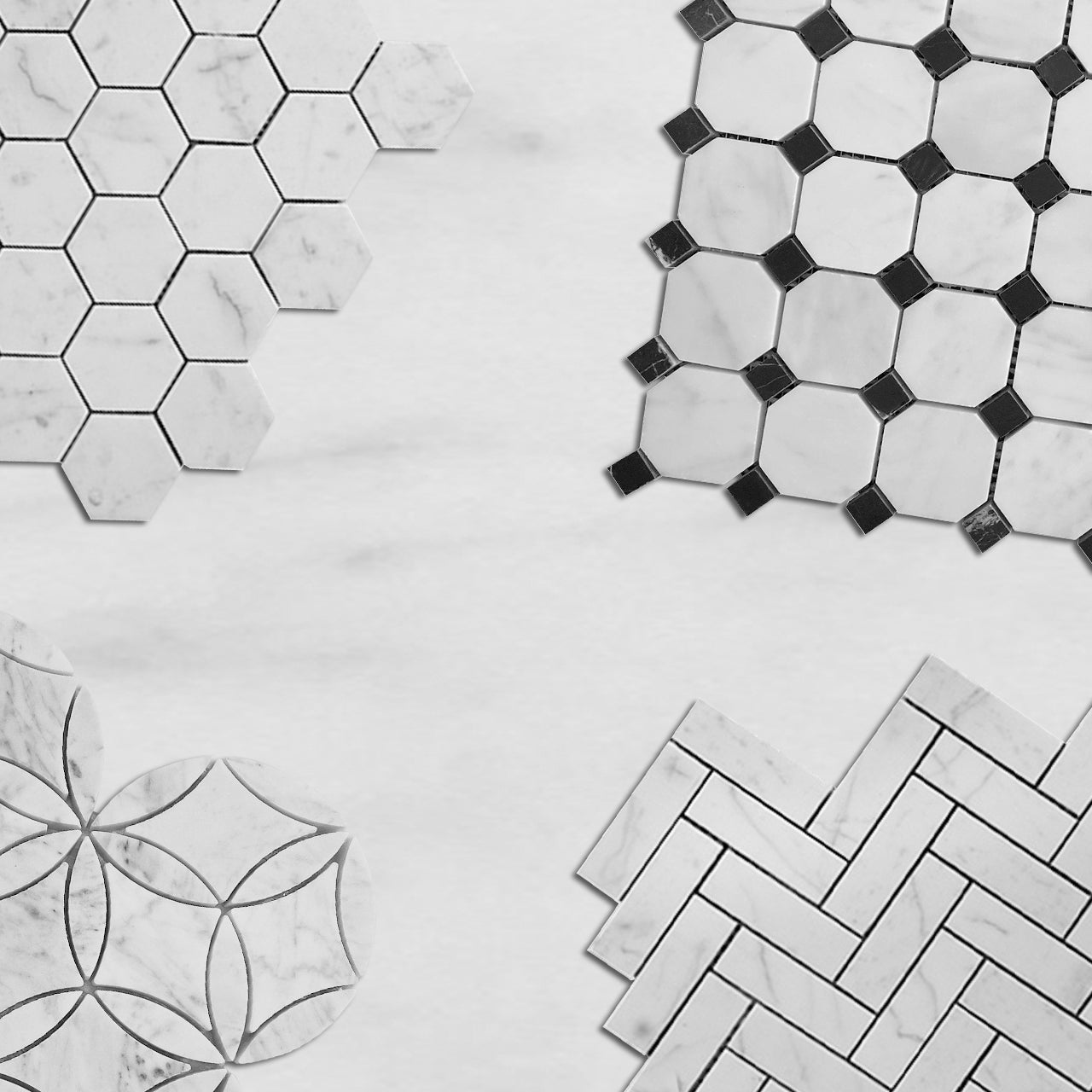 Carrara White Italian Marble Octagon Mosaic Tile with Black Polished
