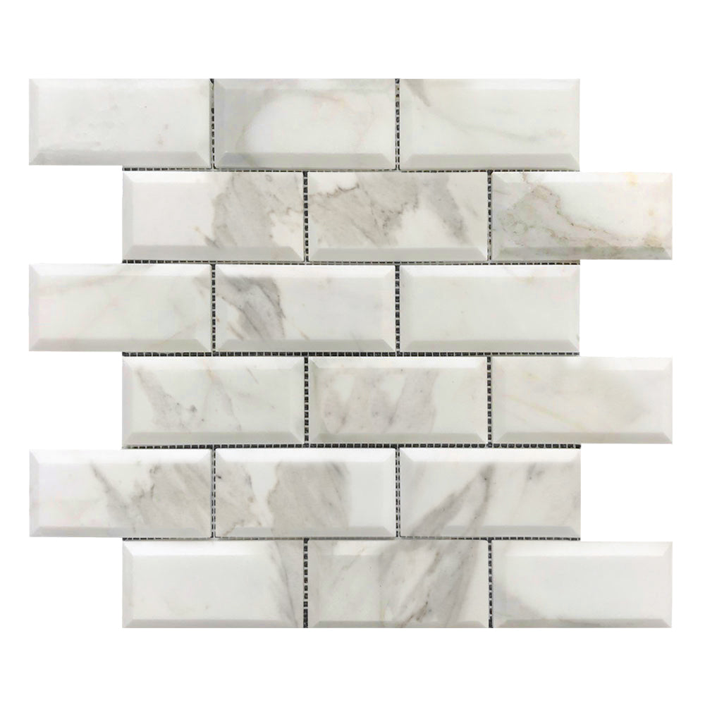 Calacatta Gold Italian Marble 2x4 Wide Bevel Subway Mosaic Tile Polished