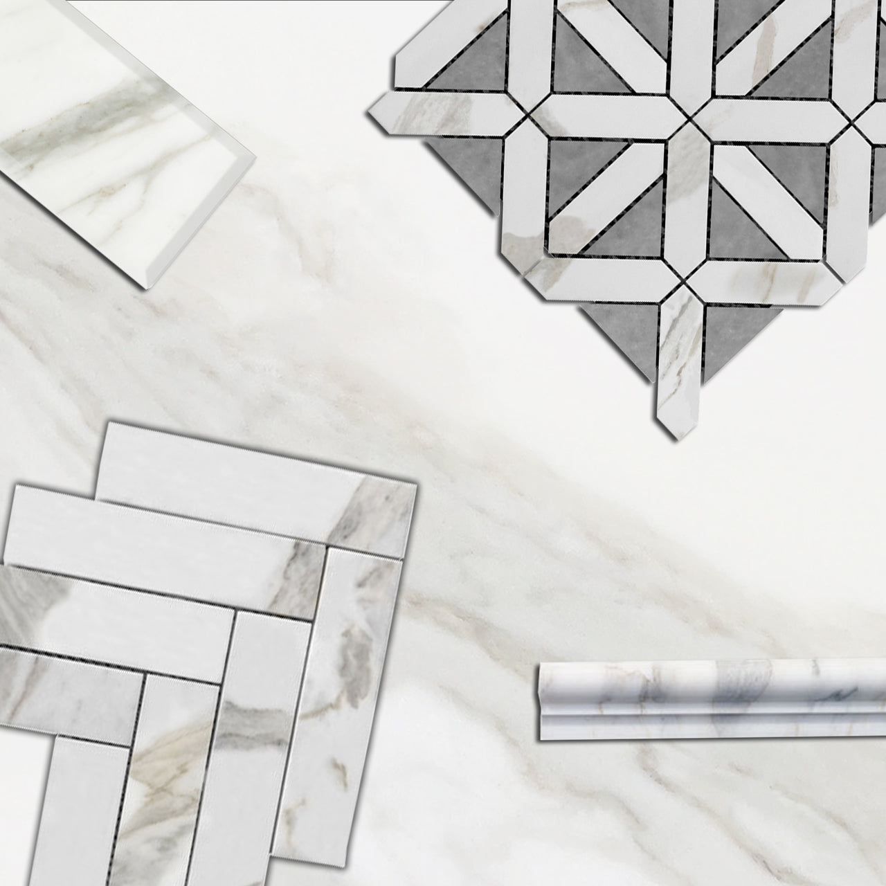 Calacatta Gold Italian Marble with Bardiglio Gray Triangles Geometrica Mosaic Tile Honed