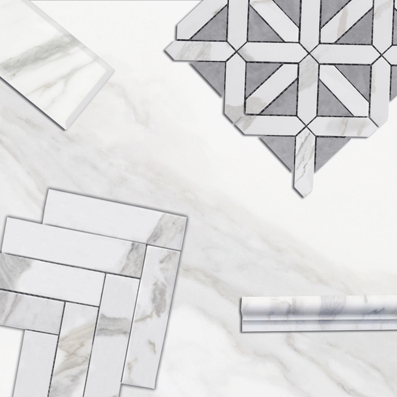 Calacatta Gold Italian Marble with Bardiglio Gray Triangles Geometrica Mosaic Tile Polished