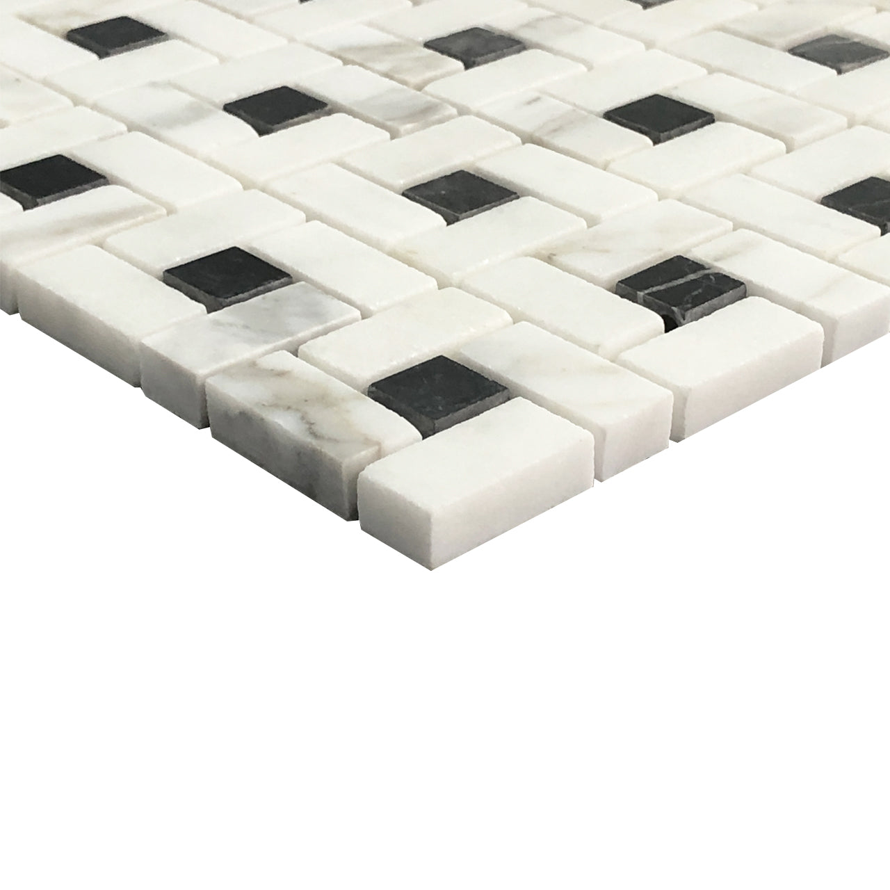 Calacatta Gold Italian Marble Target Pinwheel Mosaic Tile with Black Dots Honed