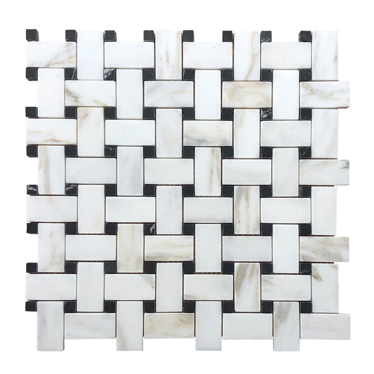 Calacatta Gold Italian Marble Basketweave Mosaic Tile with Black Dots Polished
