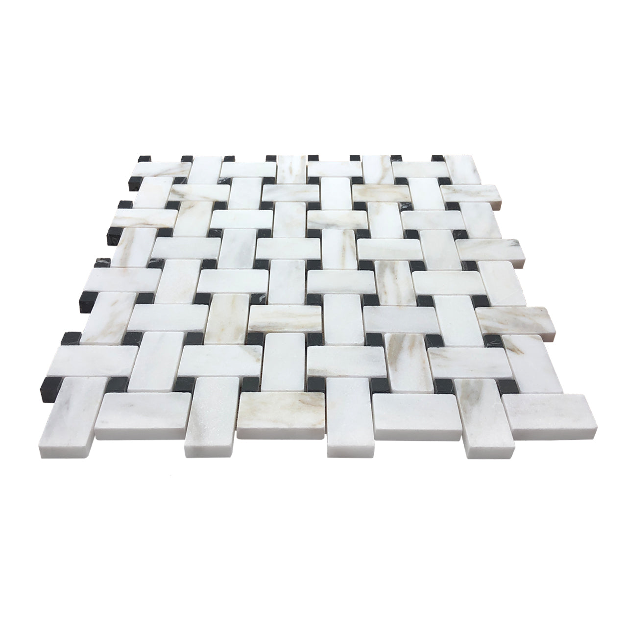 Calacatta Gold Italian Marble Basketweave Mosaic Tile with Black Dots Polished