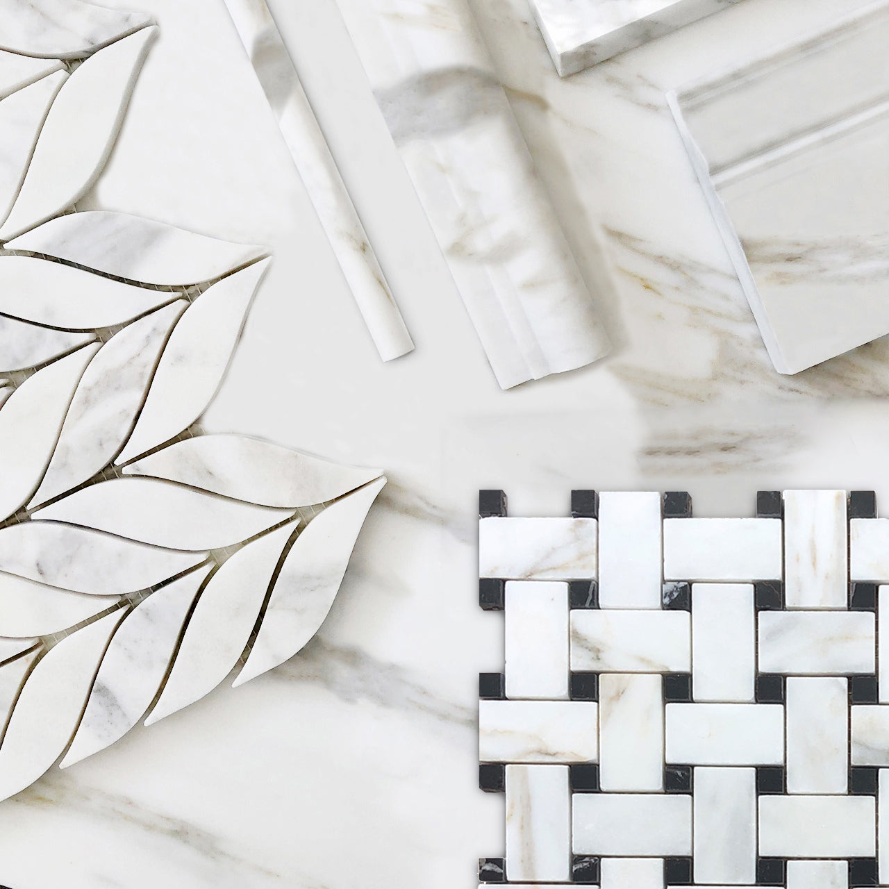 Calacatta Gold Italian Marble Basketweave Mosaic Tile with Black Dots Honed