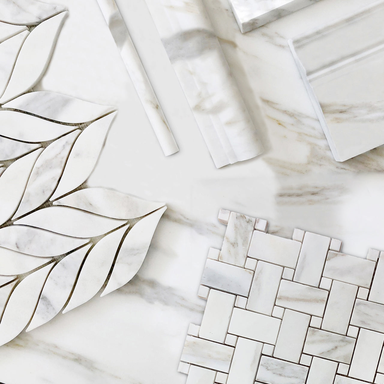Calacatta Gold Italian Marble Basketweave Mosaic Tile with Calacatta Oro Dots Polished
