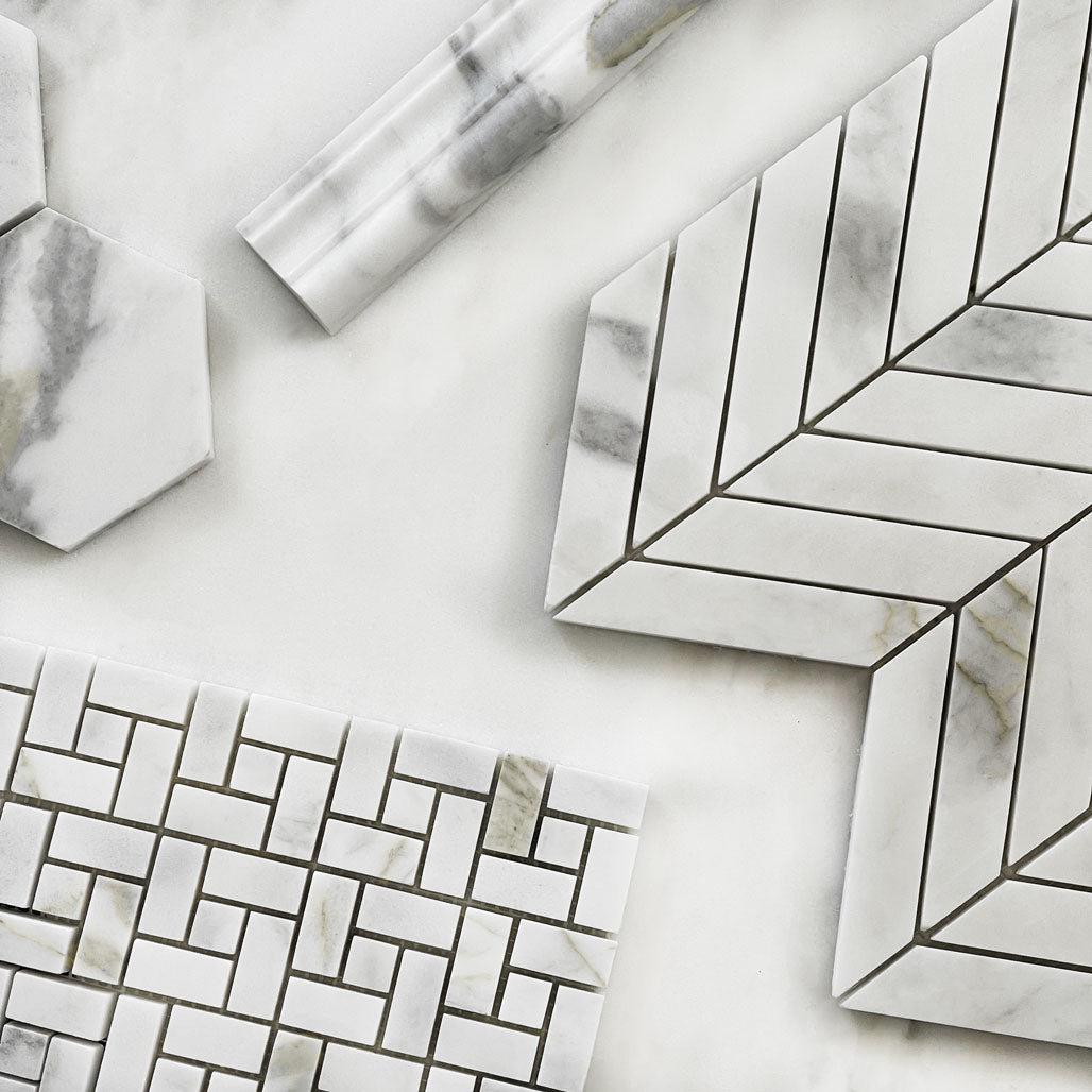 Calacatta Gold Marble Target Pinwheel Mosaic Tile with Calacatta Gold Dots Polished