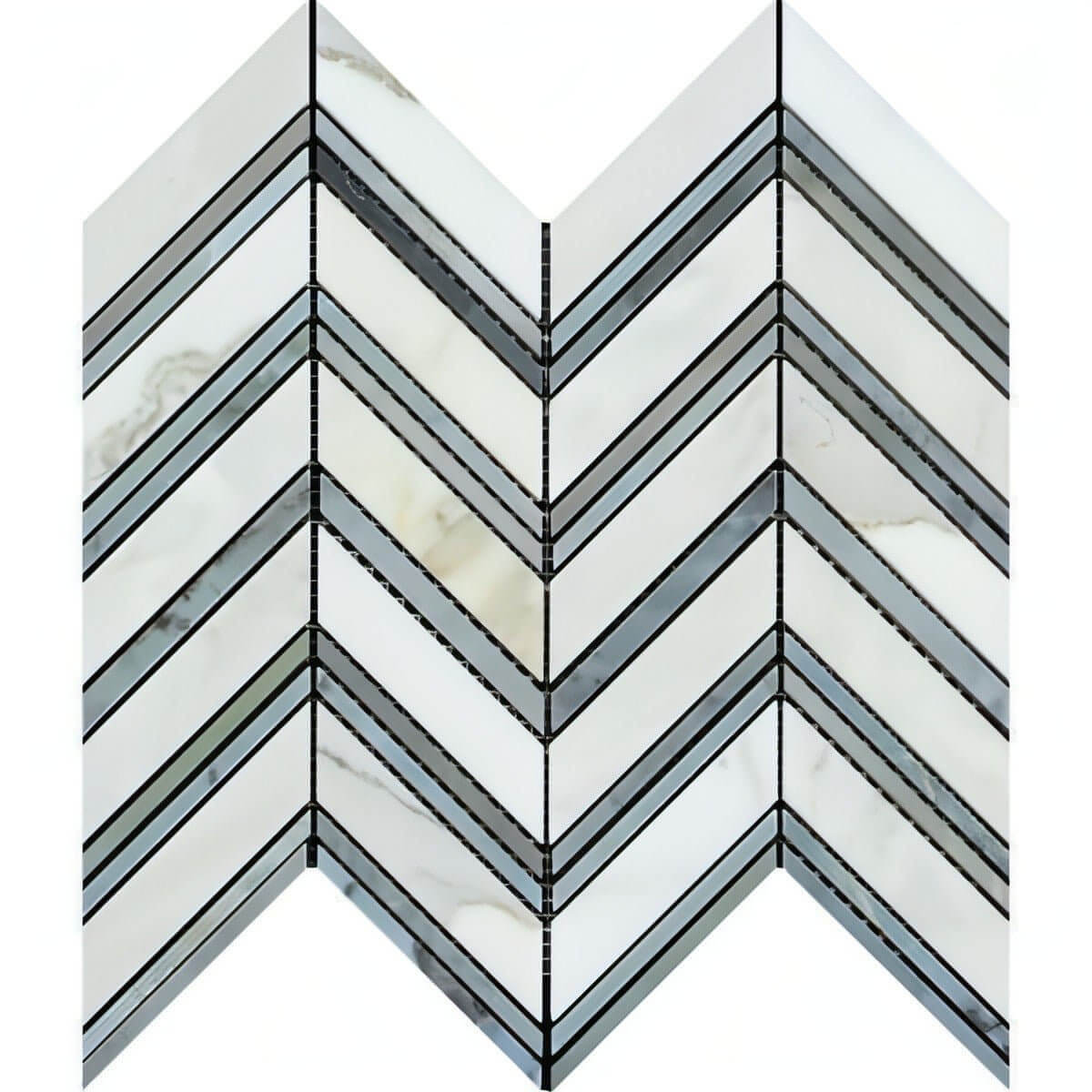 Calacatta Gold Marble Large Chevron Mosaic Tile W / Blue - Gray Dots Marble Strips