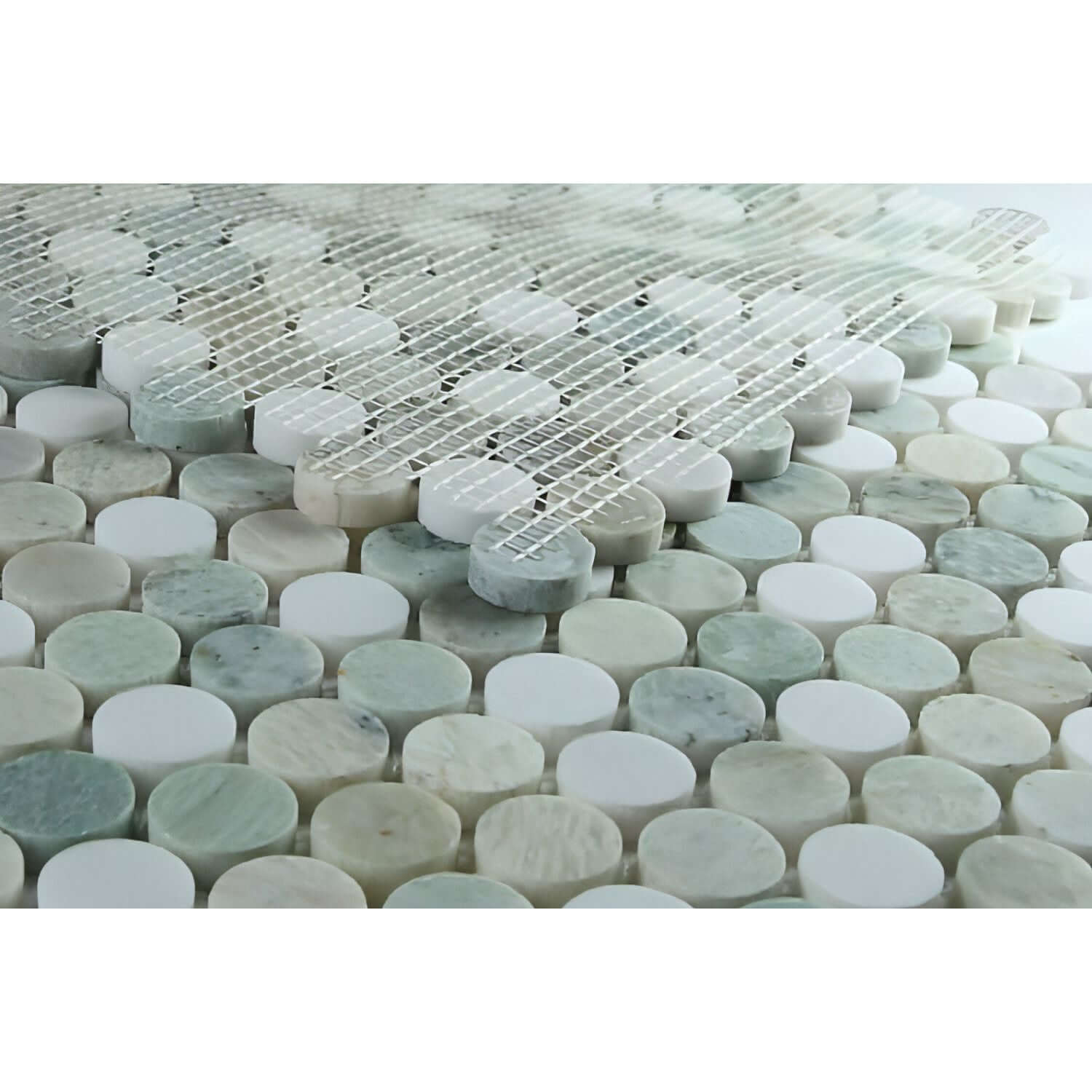Calacatta Green CalaVerde Honed Penny Round Marble Mosaic 11 x 11.75