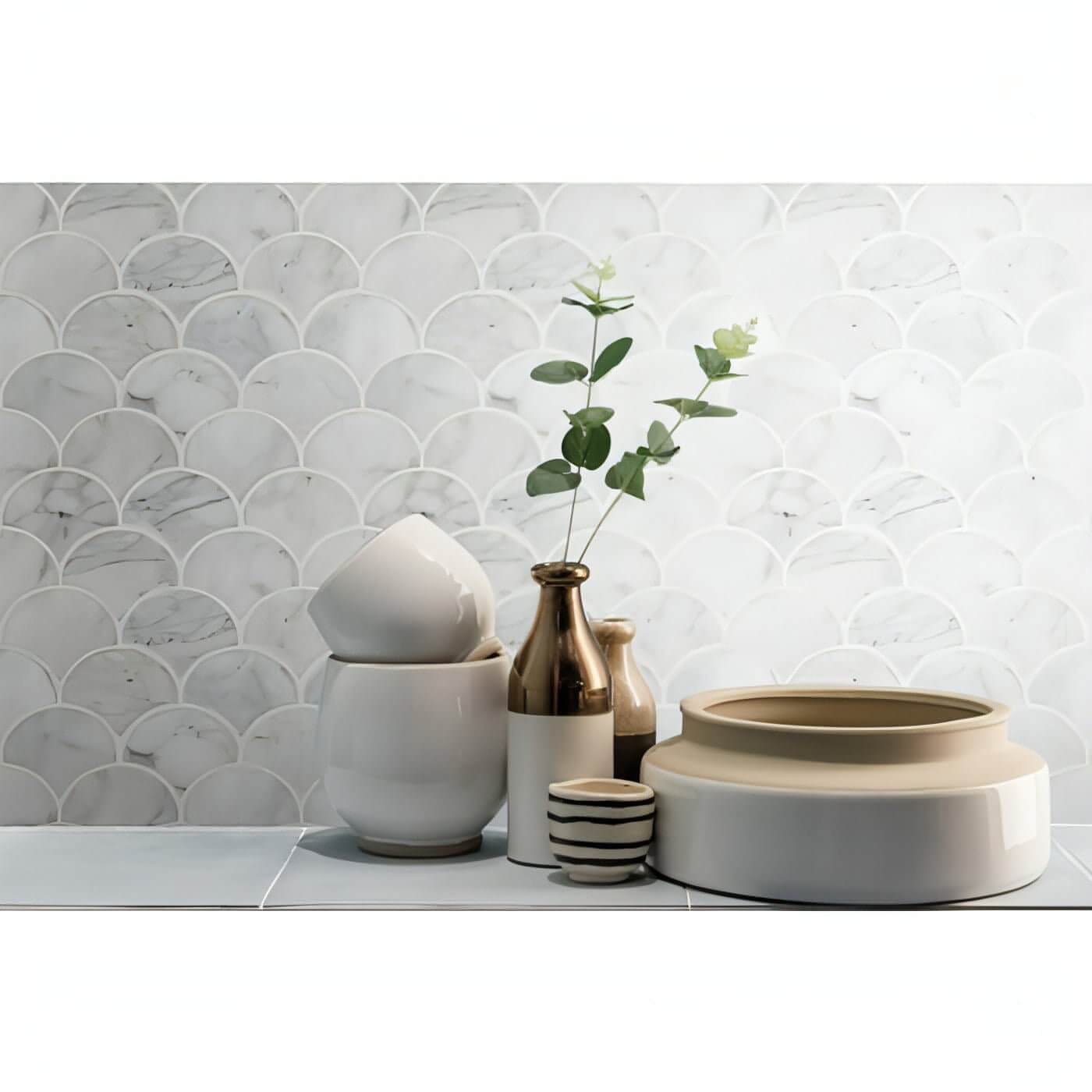 Calacatta White Large Fan 12.8x10.43 Polished Mosaic Tile