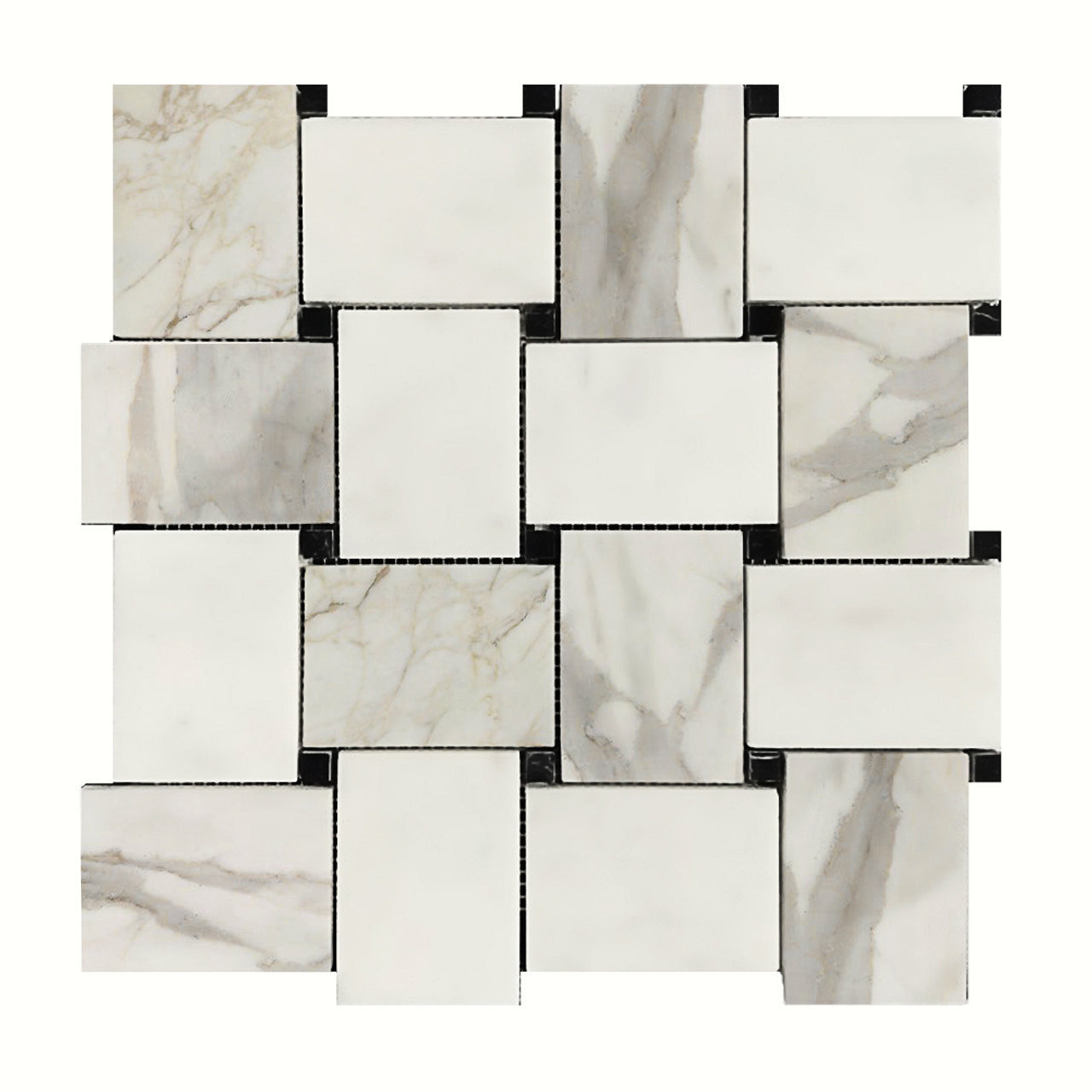 Calacatta Gold Italian Marble Large Basketweave Mosaic Tile with Nero Marquina Black Dots Polished