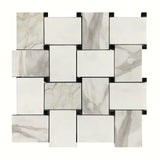 Calacatta Gold Italian Marble Large Basketweave Mosaic Tile with Nero Marquina Black Dots Polished