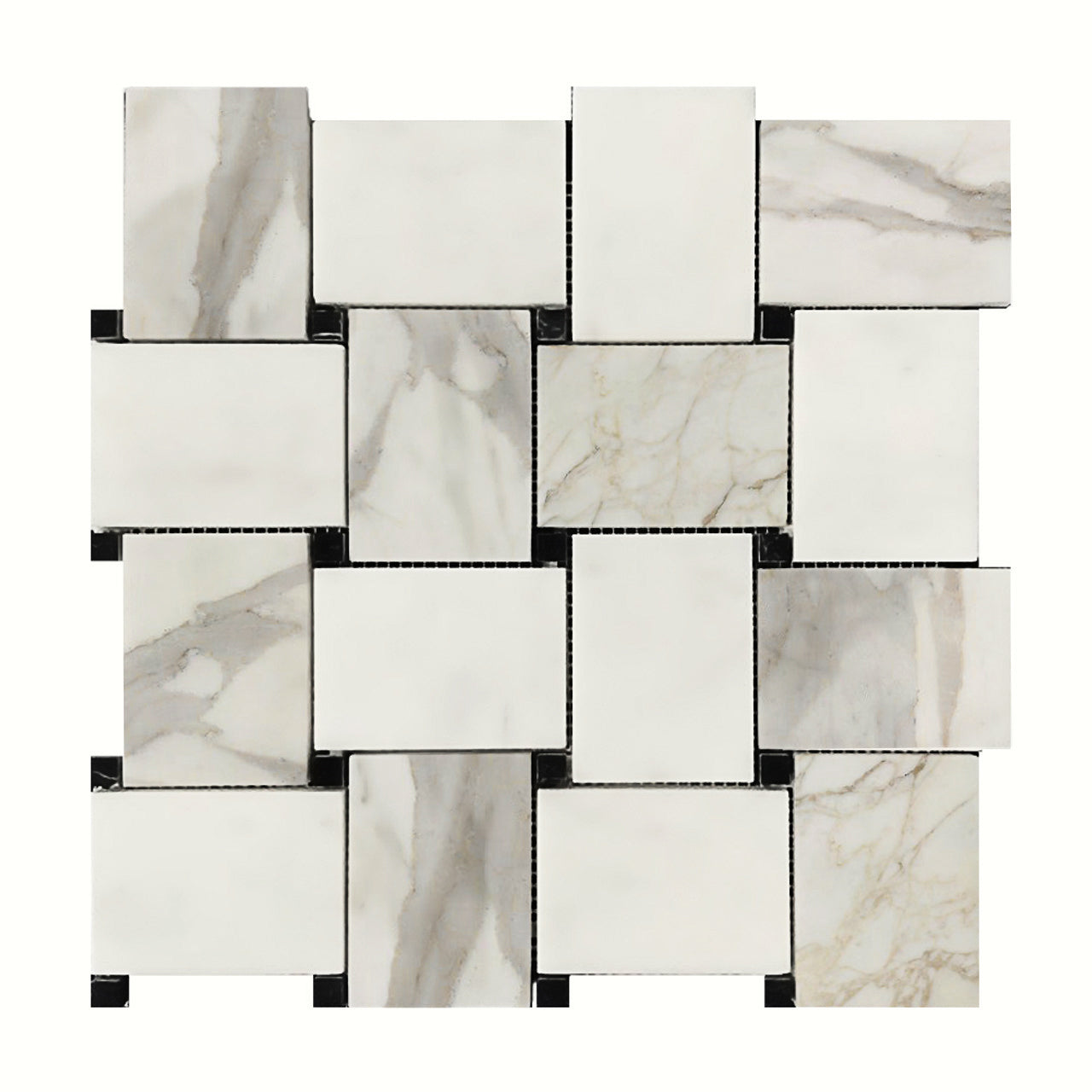 Calacatta Gold Italian Marble Large Basketweave Mosaic Tile with Nero Marquina Black Dots Honed