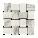Calacatta Gold Italian Marble Large Basketweave Mosaic Tile with Nero Marquina Black Dots Honed