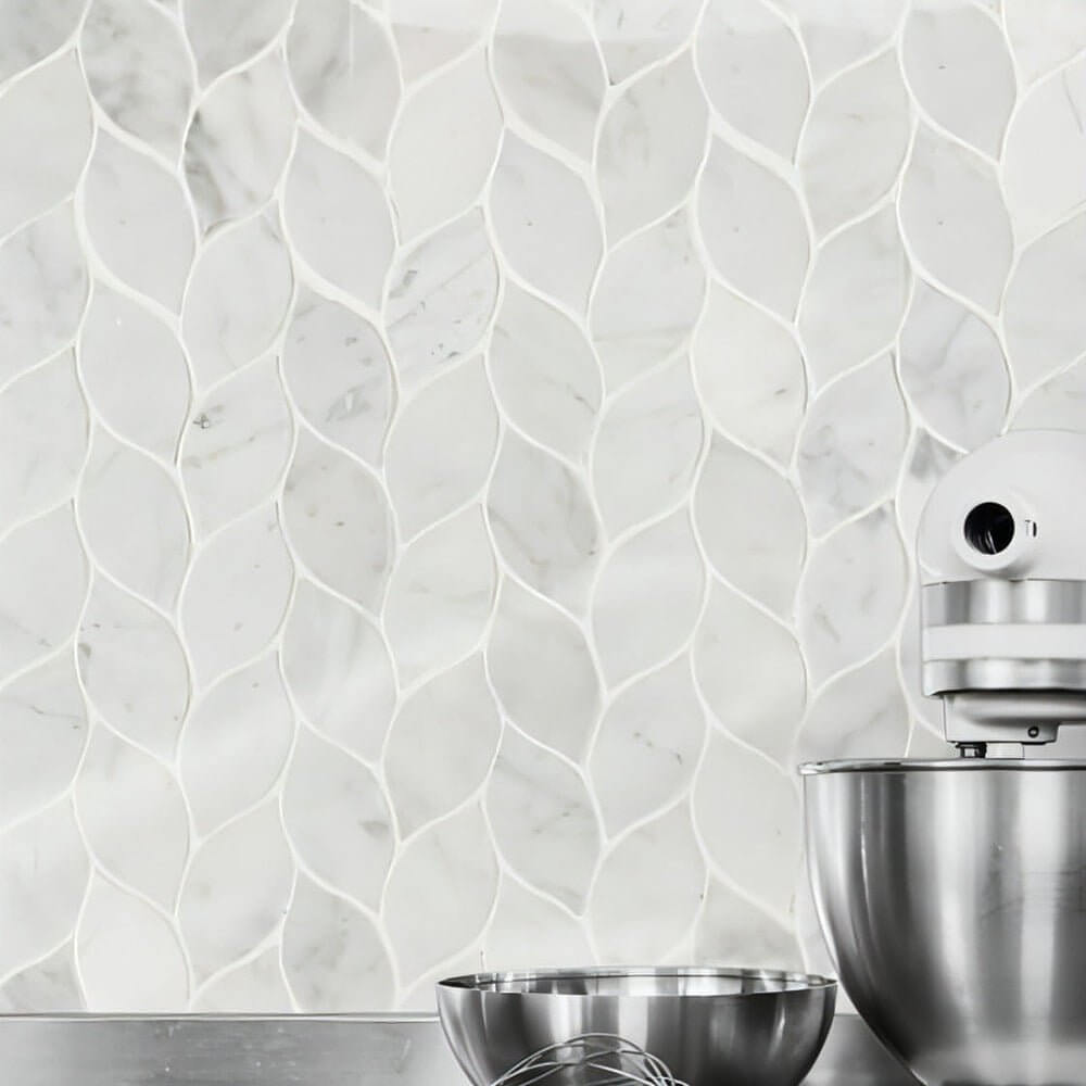 Carrara White Blanco Pattern Honed Marble Mosaic Leaf Pattern 11.62 x13.38