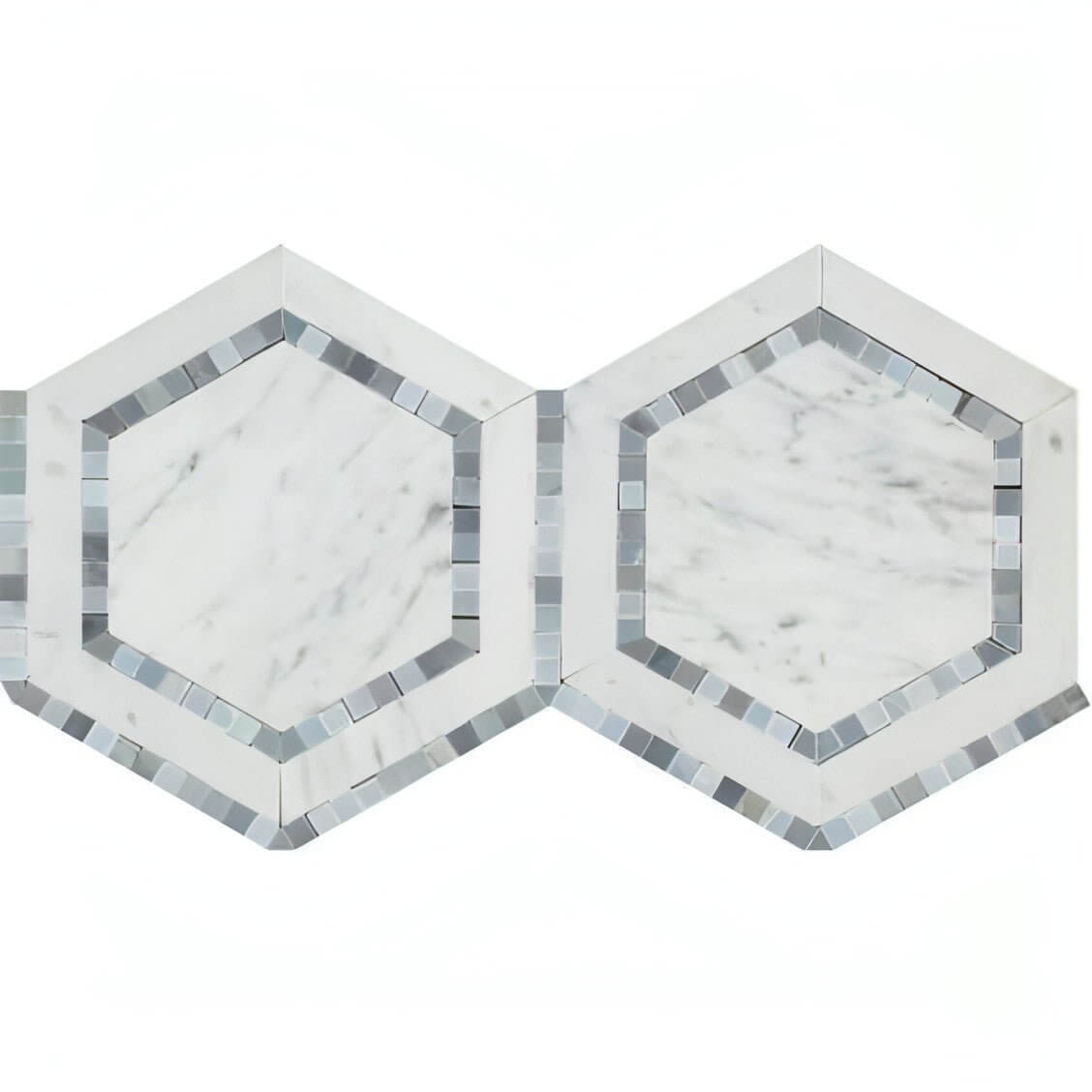 Carrara White  + Gray Blue Dual Hexagon 5” Combination Mosaic Tile