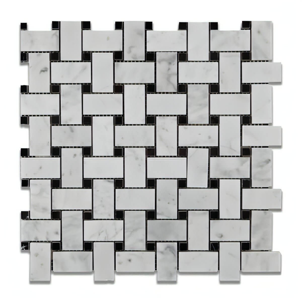 Carrara White Marble Basketweave Mosaic Tile W/ Black Dots