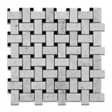 Carrara White Marble Basketweave Mosaic Tile W/ Black Dots