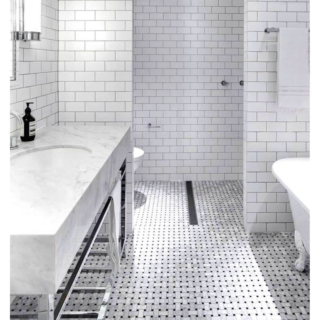 Carrara White Marble Basketweave Mosaic Tile W/ Black Dots