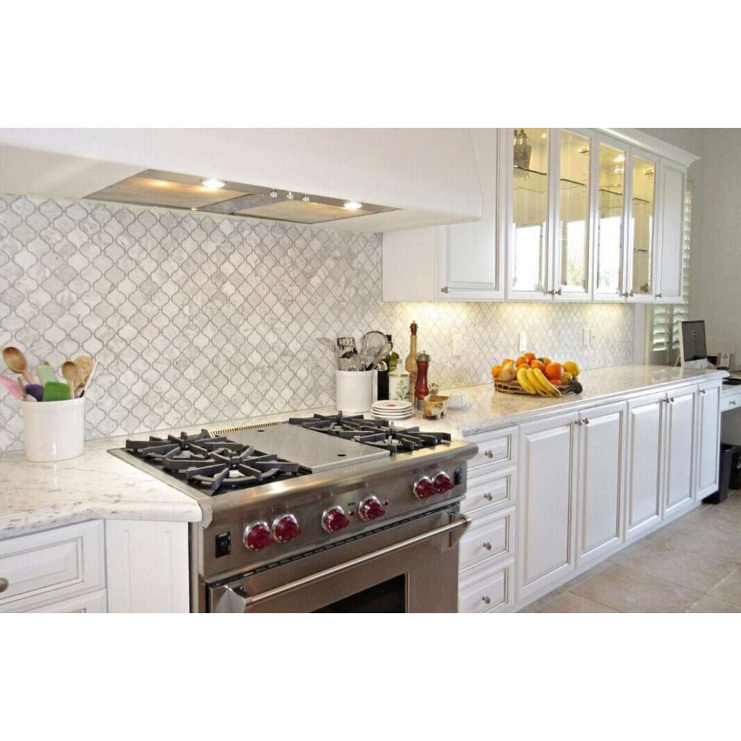 Carrara White Marble Honed Lantern Arabesque Mosaic Tile