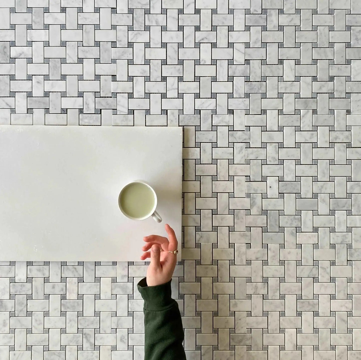 Jumbo Carrara White Marble Honed Large Basketweave Mosaic Tile W/ Gray Dots