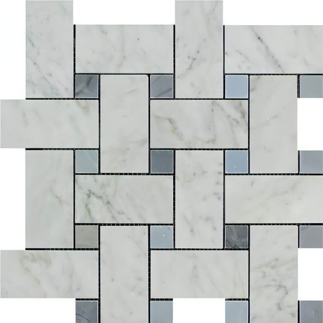 Jumbo Carrara White Marble Honed Large Basketweave Mosaic Tile W/ Gray Dots