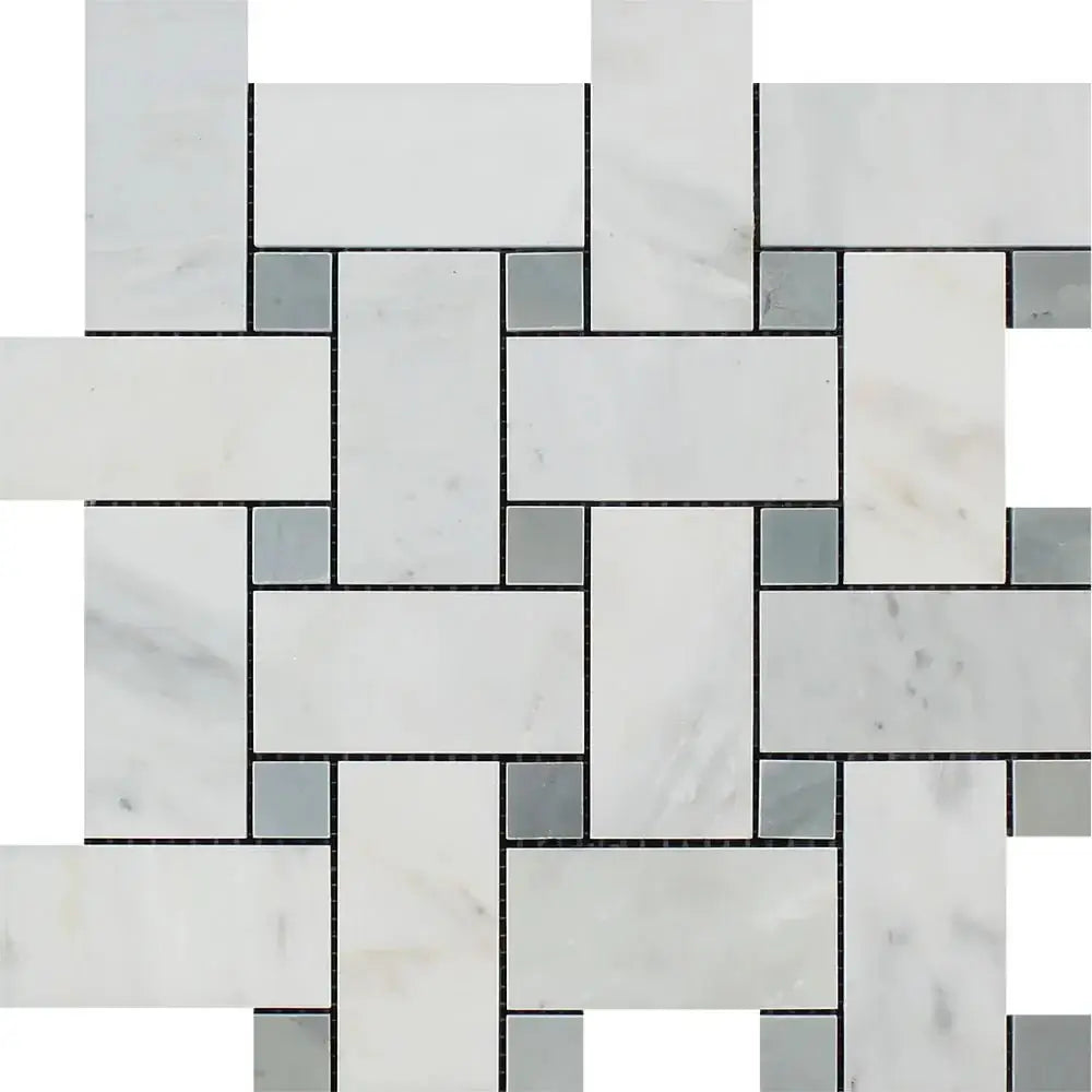 Jumbo Carrara White Marble Honed Large Basketweave Mosaic Tile W/ Gray Dots