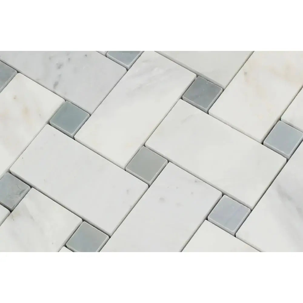 Jumbo Carrara White Marble Honed Large Basketweave Mosaic Tile W/ Gray Dots