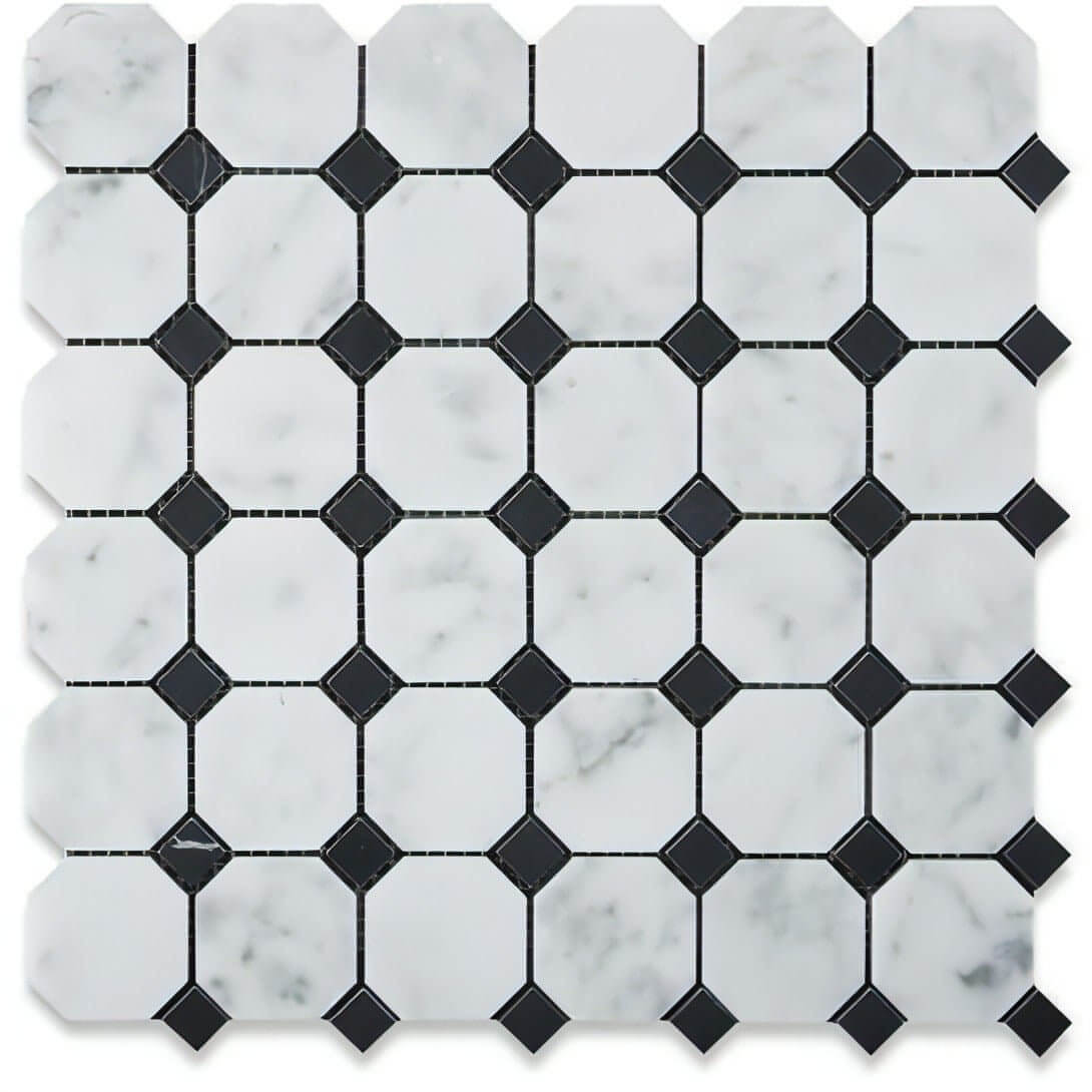 Carrara White Marble Octagon / Nero Marquina Dots