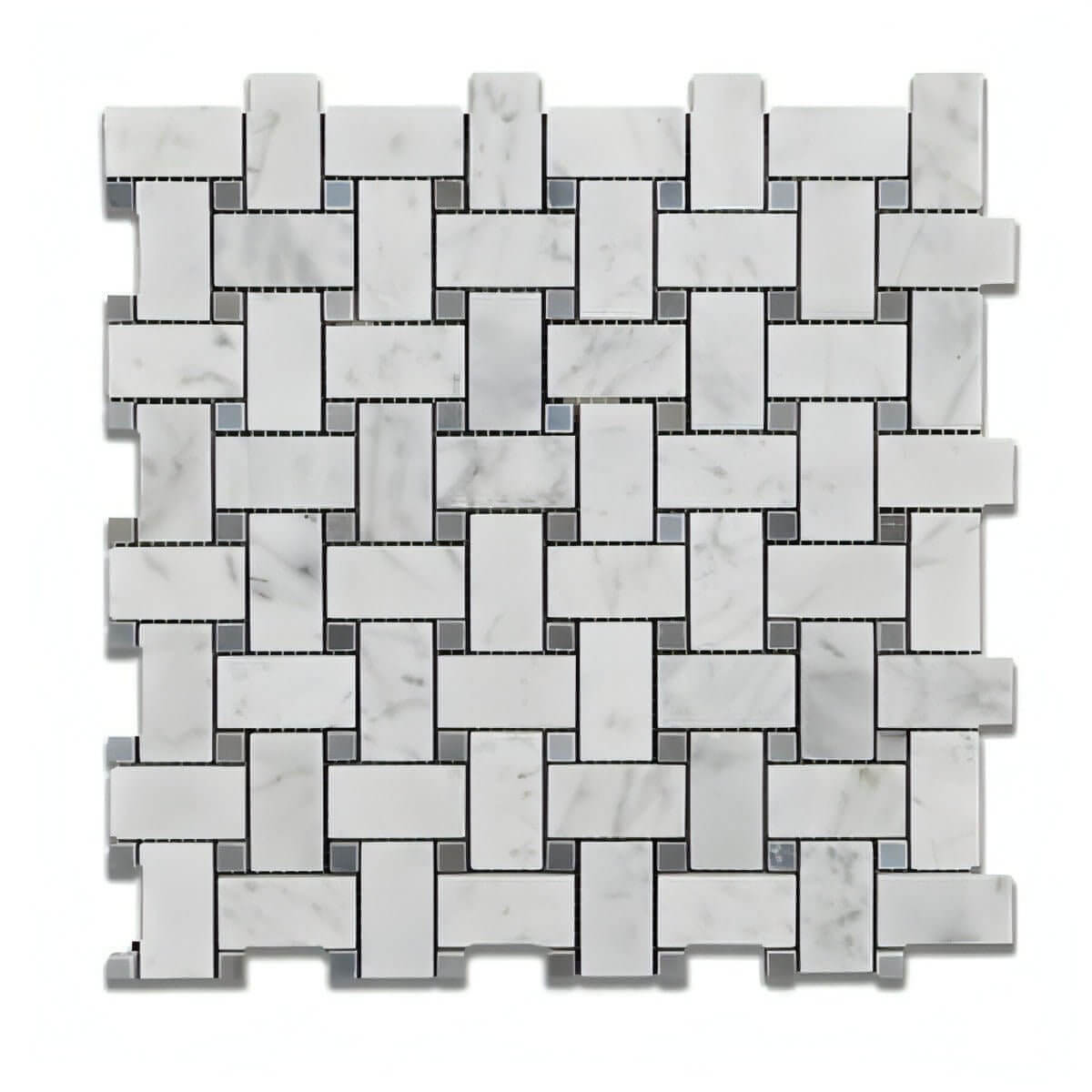 Carrara White Marble Polished Basketweave Mosaic Tile W/ Blue-gray Dots