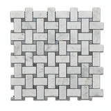 Carrara White Marble Polished Basketweave Mosaic Tile W/ Blue-gray Dots