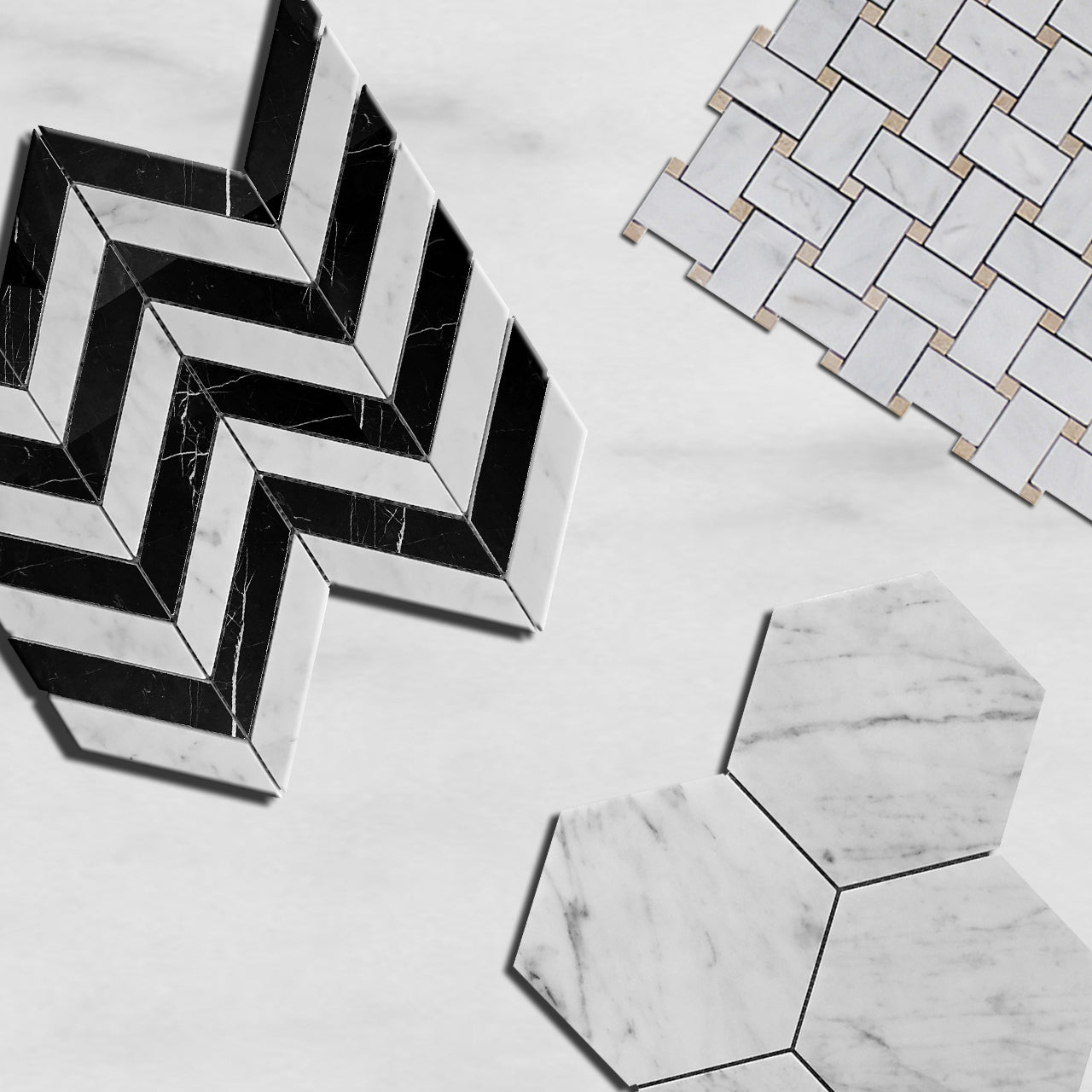 Carrara White Italian Marble Basketweave Mosaic Tile with Crema Marfil Dots Polished
