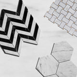 Carrara White Italian Marble Basketweave Mosaic Tile with Crema Marfil Dots Polished
