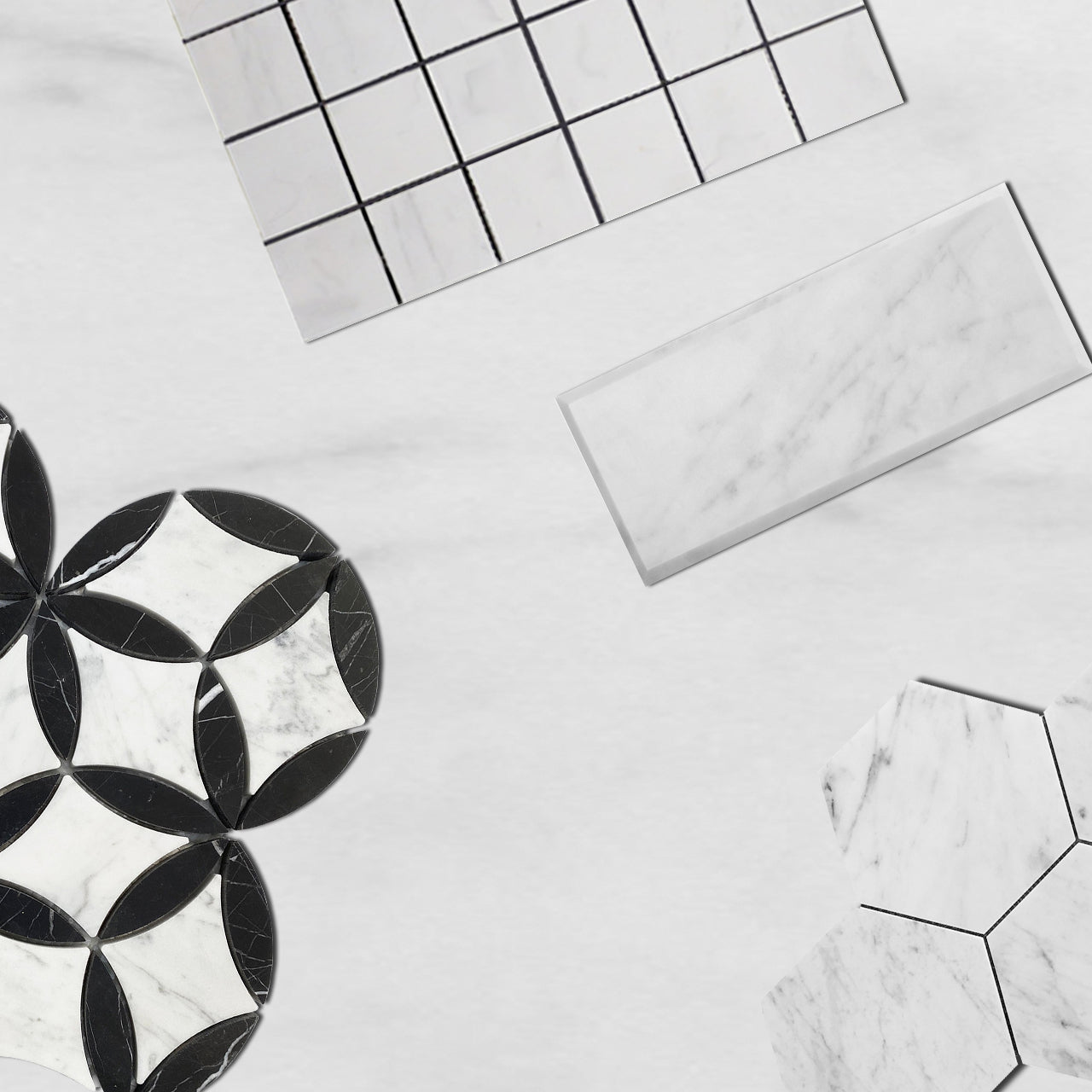White Carrara Marble with Nero Marquina Black Leaf La Fleur Waterjet Mosaic Tile Polished