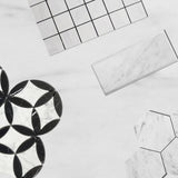 White Carrara Marble with Nero Marquina Black Leaf La Fleur Waterjet Mosaic Tile Polished
