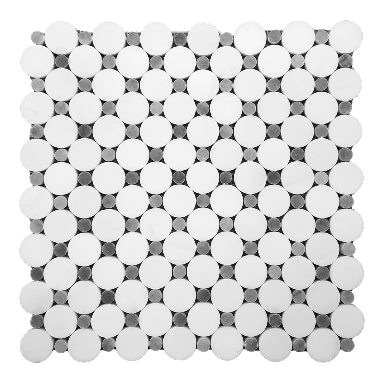 Bianco Dolomite Marble Penny Circles Mosaic Tile with Bardiglio Gray Circles Honed