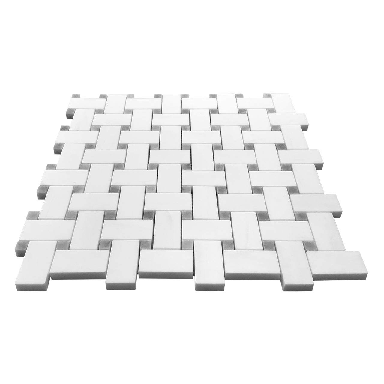 Bianco Dolomite Marble Basketweave Mosaic Tile with Bardiglio Gray Dots Honed