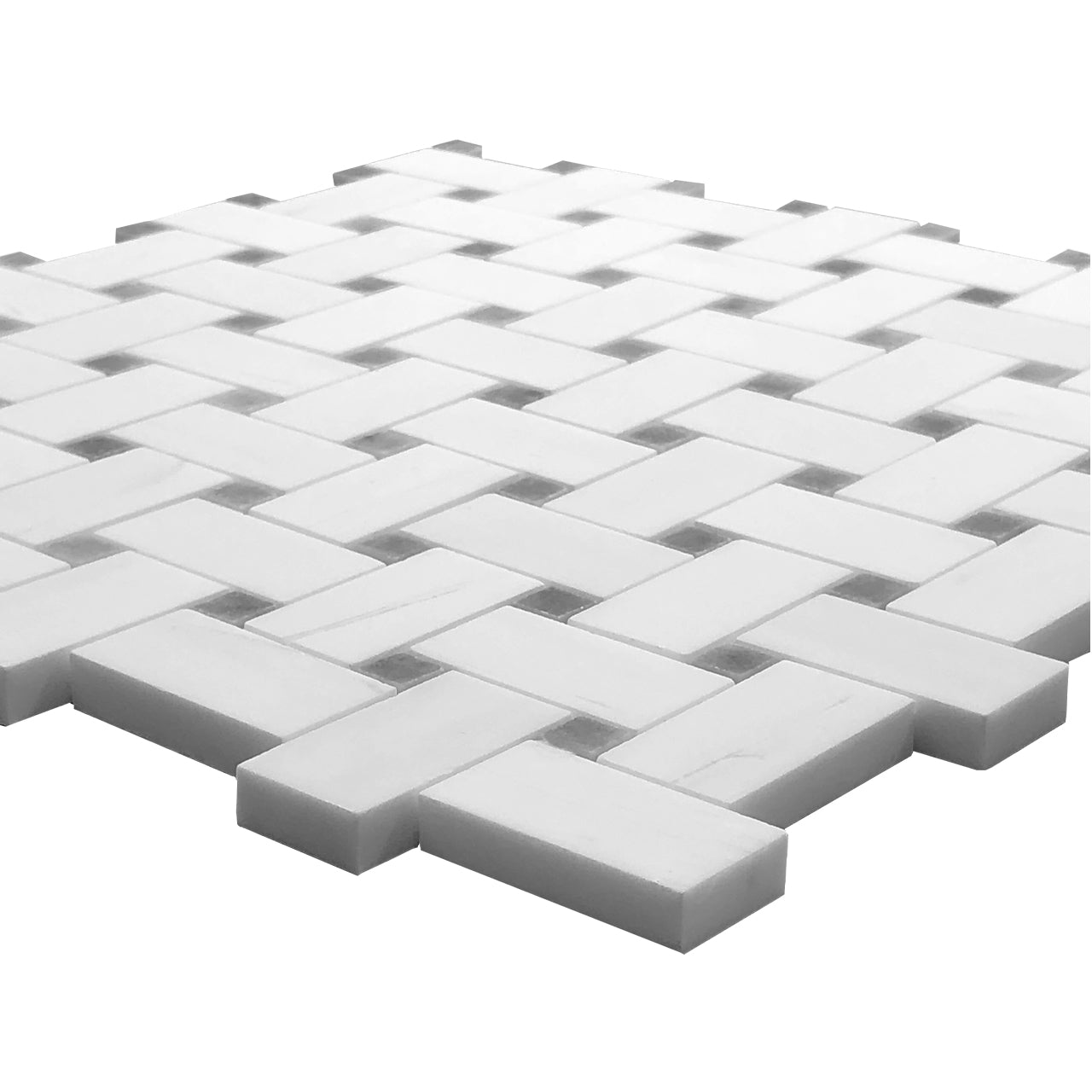 Bianco Dolomite Marble Basketweave Mosaic Tile with Bardiglio Gray Dots Honed