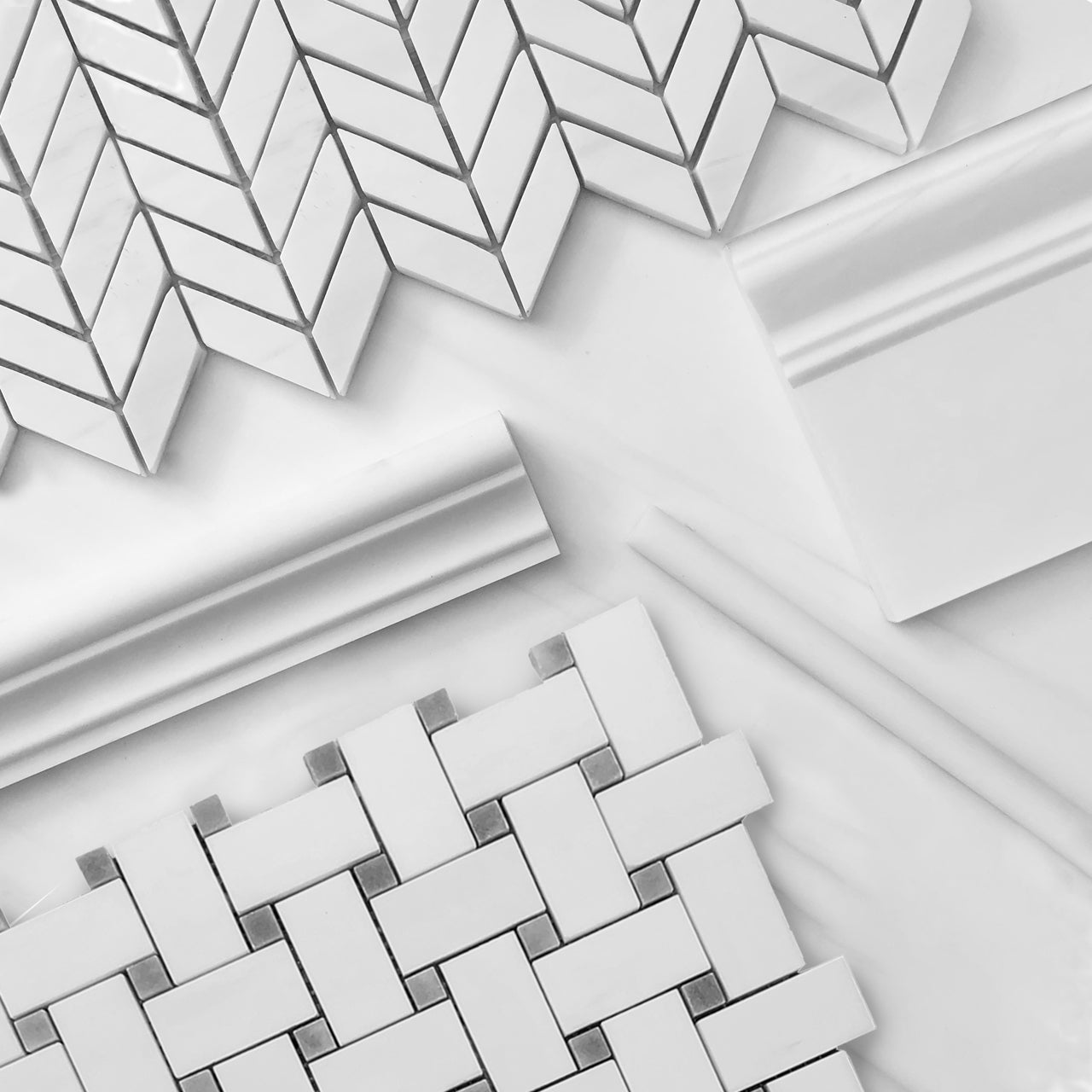 Bianco Dolomite Marble Basketweave Mosaic Tile with Bardiglio Gray Dots Polished