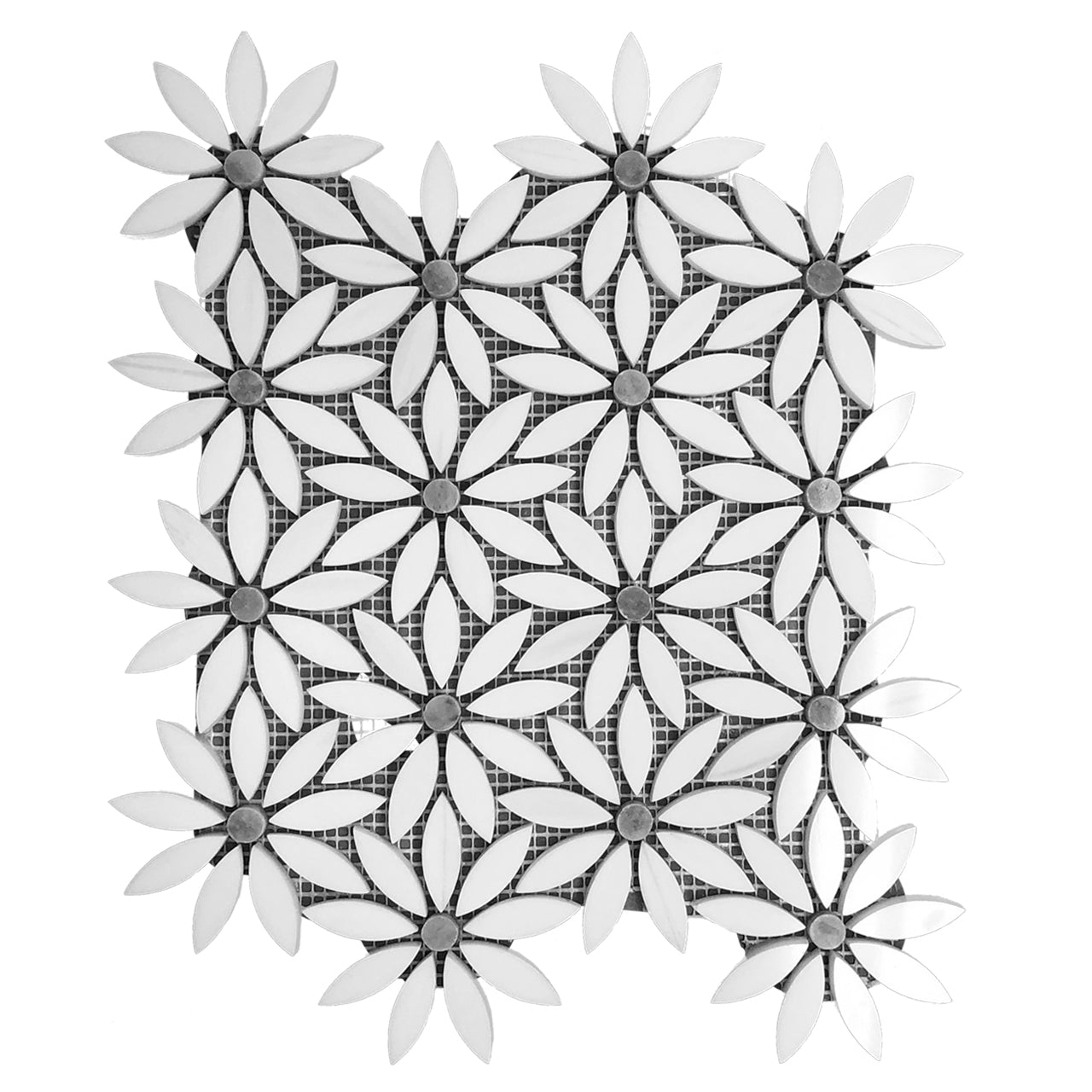 Bianco Dolomite Marble With Bardiglio Gray Accent Daisy Flower Waterjet Mosaic Tile Polished