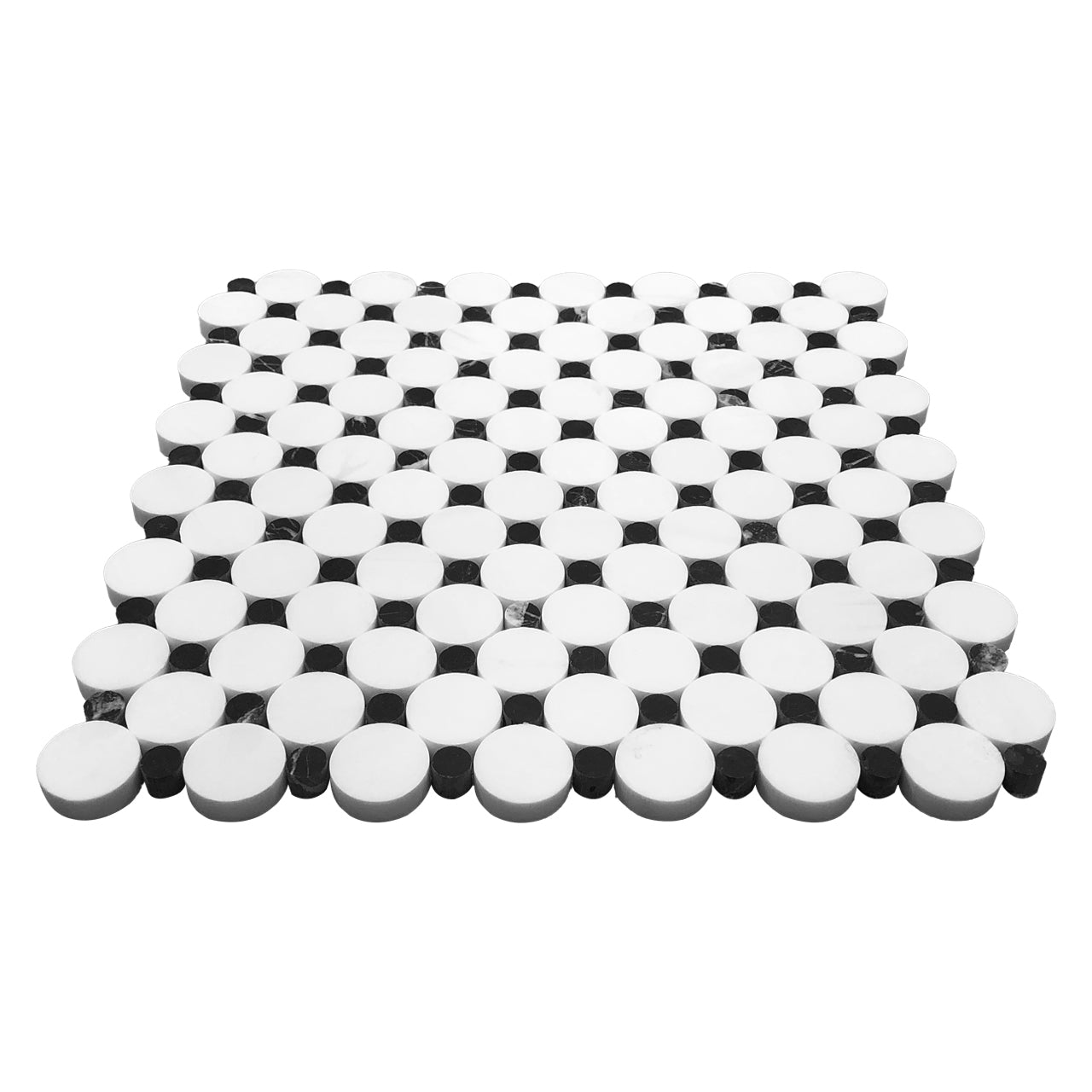 Bianco Dolomite Marble Penny Circles Mosaic Tile with Nero Marquina Black Circles Polished