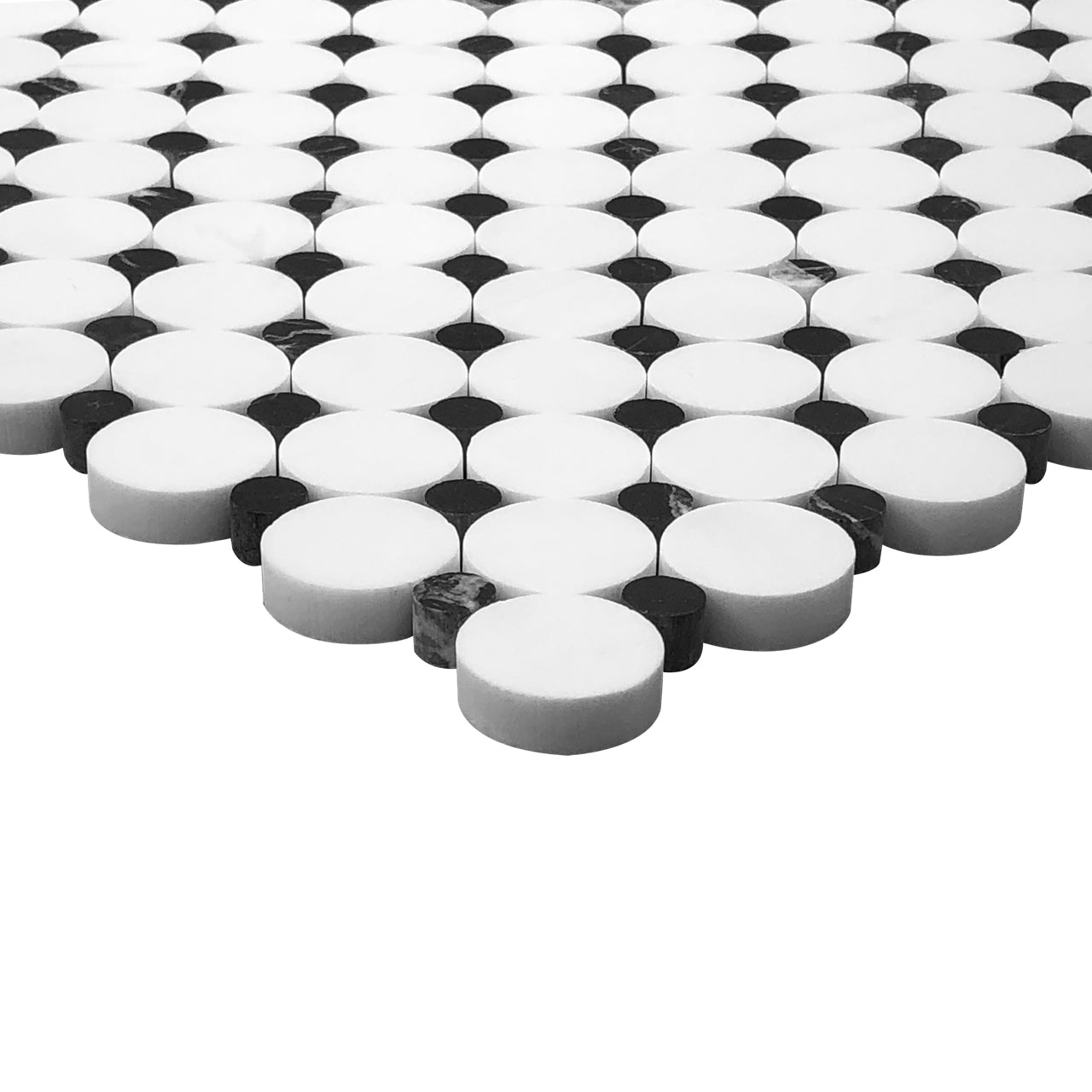 Bianco Dolomite Marble Penny Circles Mosaic Tile with Nero Marquina Black Circles Polished