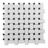 Bianco Dolomite Marble Basketweave Mosaic Tile with Nero Marquina Black Dots Polished