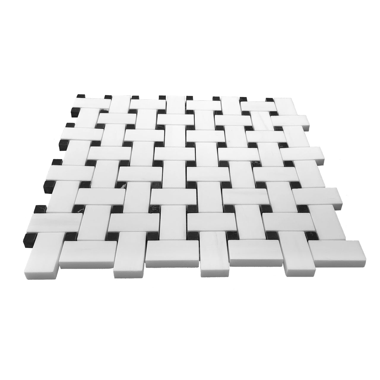 Bianco Dolomite Marble Basketweave Mosaic Tile with Nero Marquina Black Dots Honed