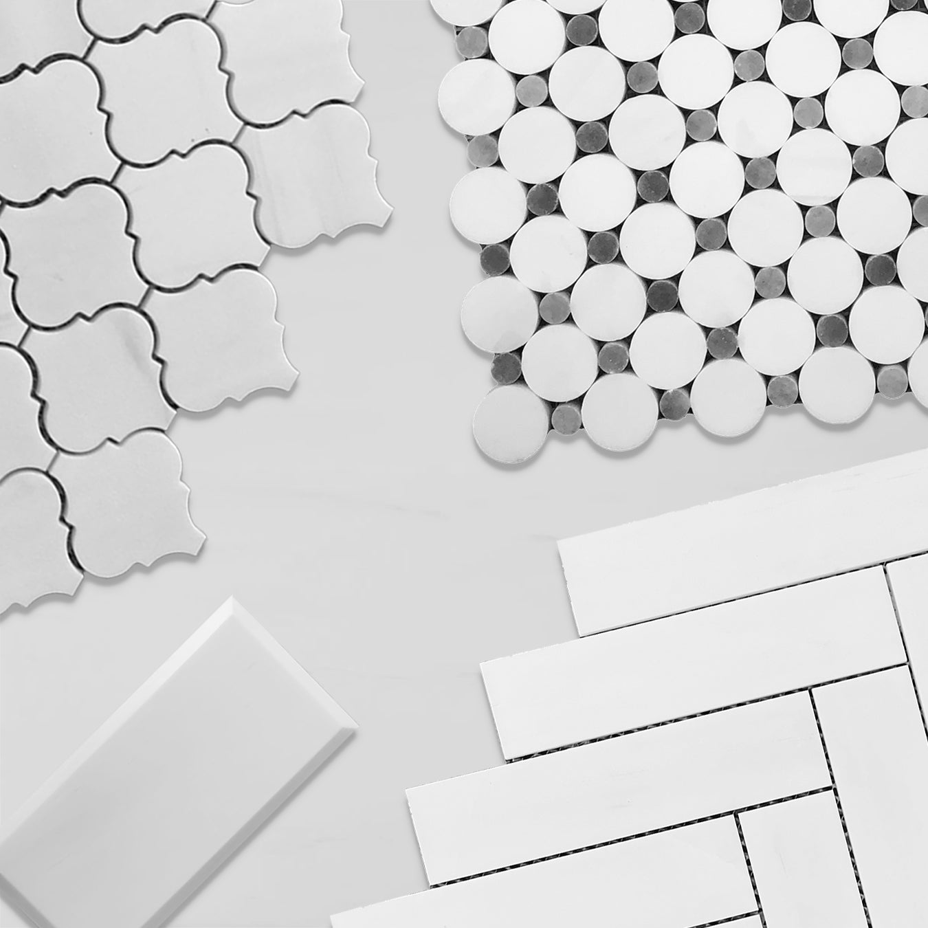 Bianco Dolomite Marble Penny Circles Mosaic Tile with Bardiglio Gray Circles Polished