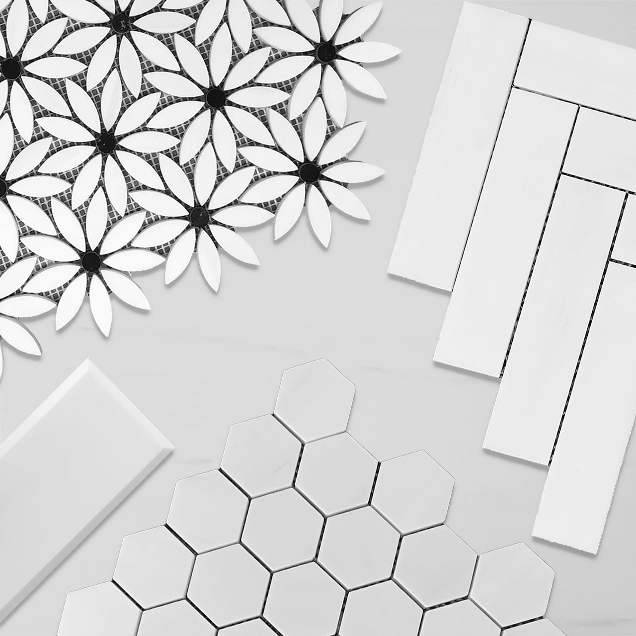 Bianco Dolomite Marble With Nero Marquina Black Accent Daisy Flower Waterjet Mosaic Tile Polished