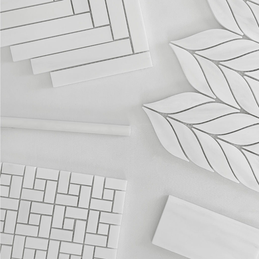 Bianco Dolomite Marble Target Pinwheel Mosaic Tile with Bianco Dolomite Dots Polished