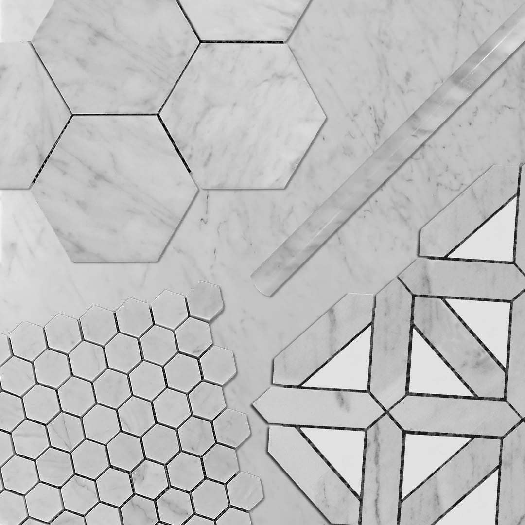 Carrara White Italian Marble with Bianco Dolomite Triangles Geometrica Mosaic Tile Honed
