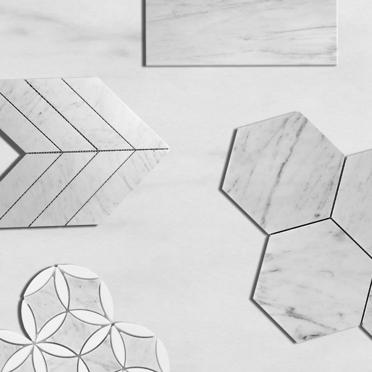 White Carrara Marble with Bianco Dolomite Leafs La Fleur Waterjet Mosaic Tile Honed